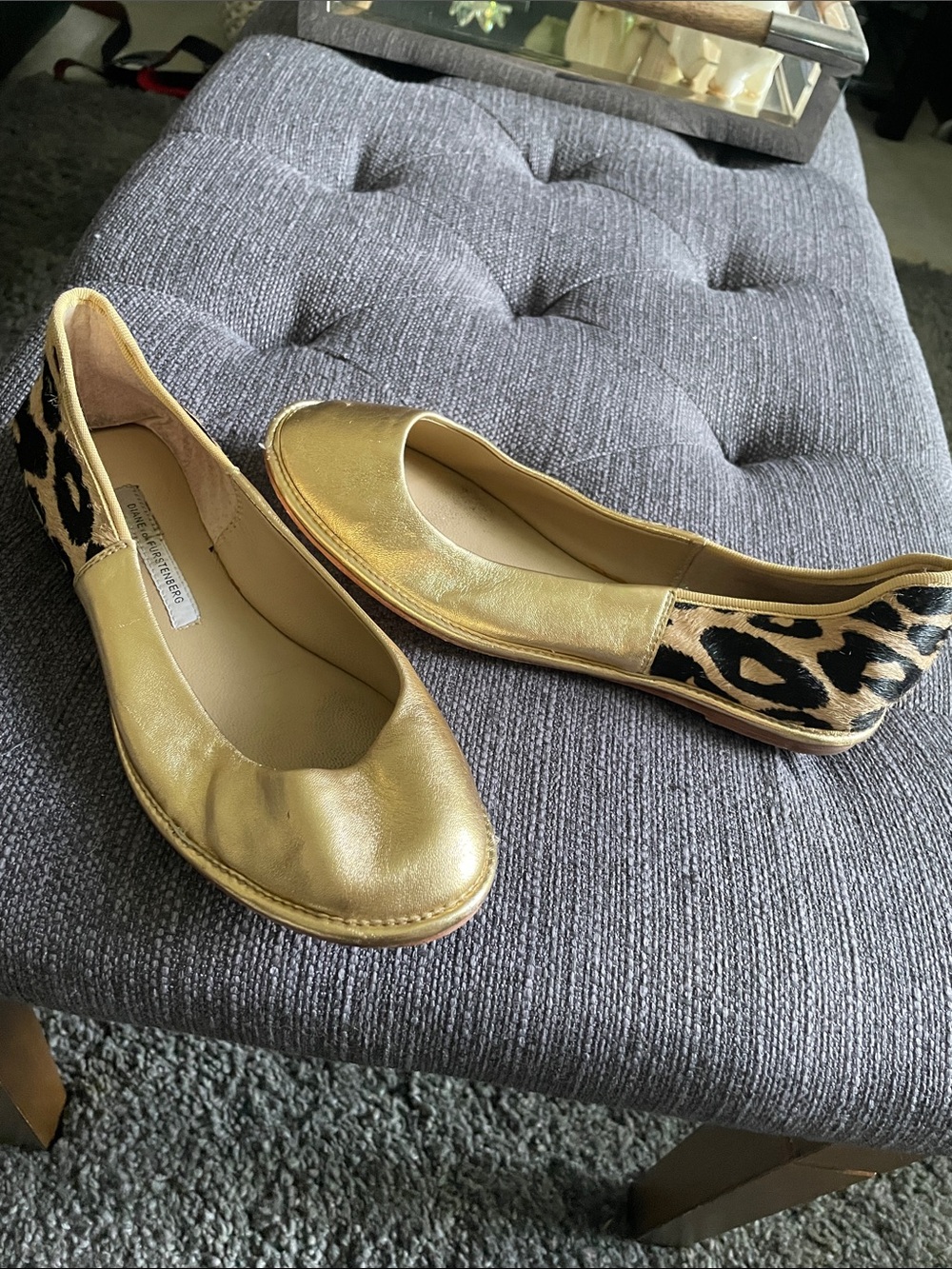 DVF Gold leather & fur Leopard-Accent Women's Ballet Flats
